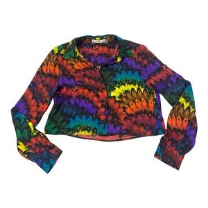 Alice + Olivia Willa Top Rainbow Feathers Sz XS 100% Silk